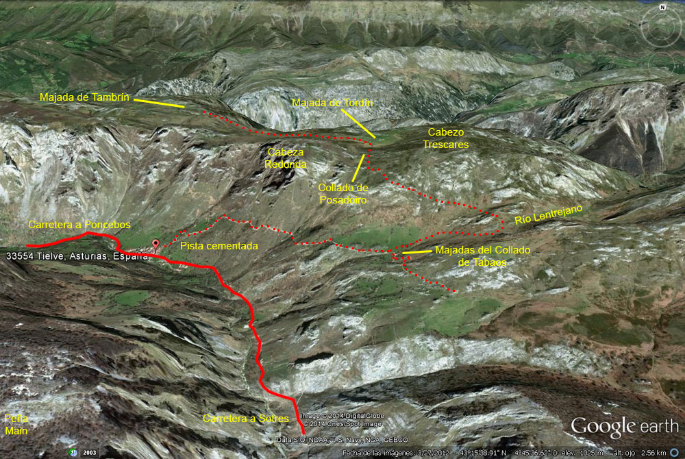 plano de la ruta al Collado de Posadoiro desde Tielve, Sierra de Portudera