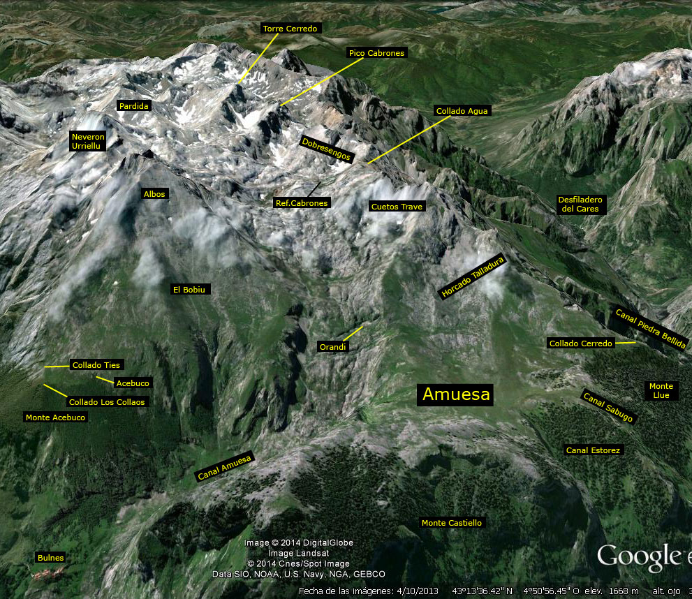 Plano de la zona Cabrones - Amuesa, Macizo Central de Picos de Europa