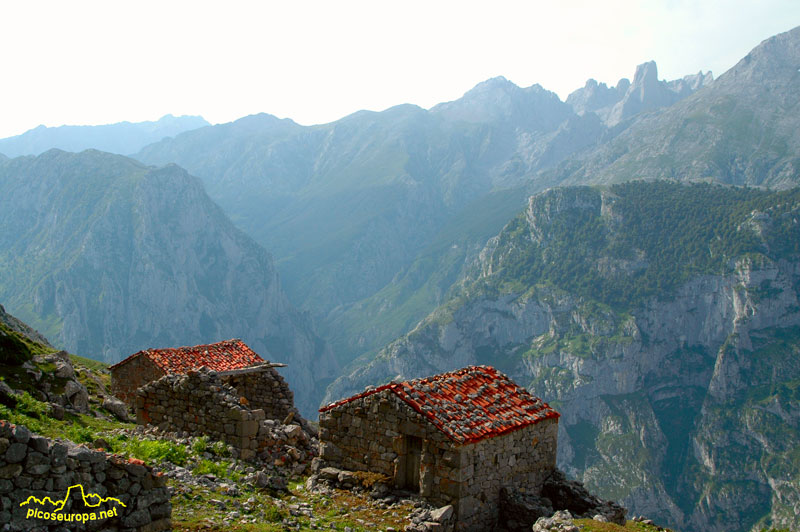 Vista desde la Majada de Ondon, El profundo corte es la canal del Tejo por donde va el tradicional camino de subida a Bulnes, la meseta a su derecha es Amuesa y al fondo el inconfundible Pico de Urriellu (Naranjo de Bulnes)