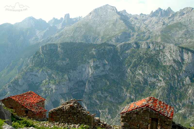 Vista desde la Majada de Ondon, al fondo a izquierda Peña Castil y Pico de Urriellu (Naranjo de Bulnes), en el centro Pico Albo y a la derecha Torre Cerredo y Torre de los Cabrones