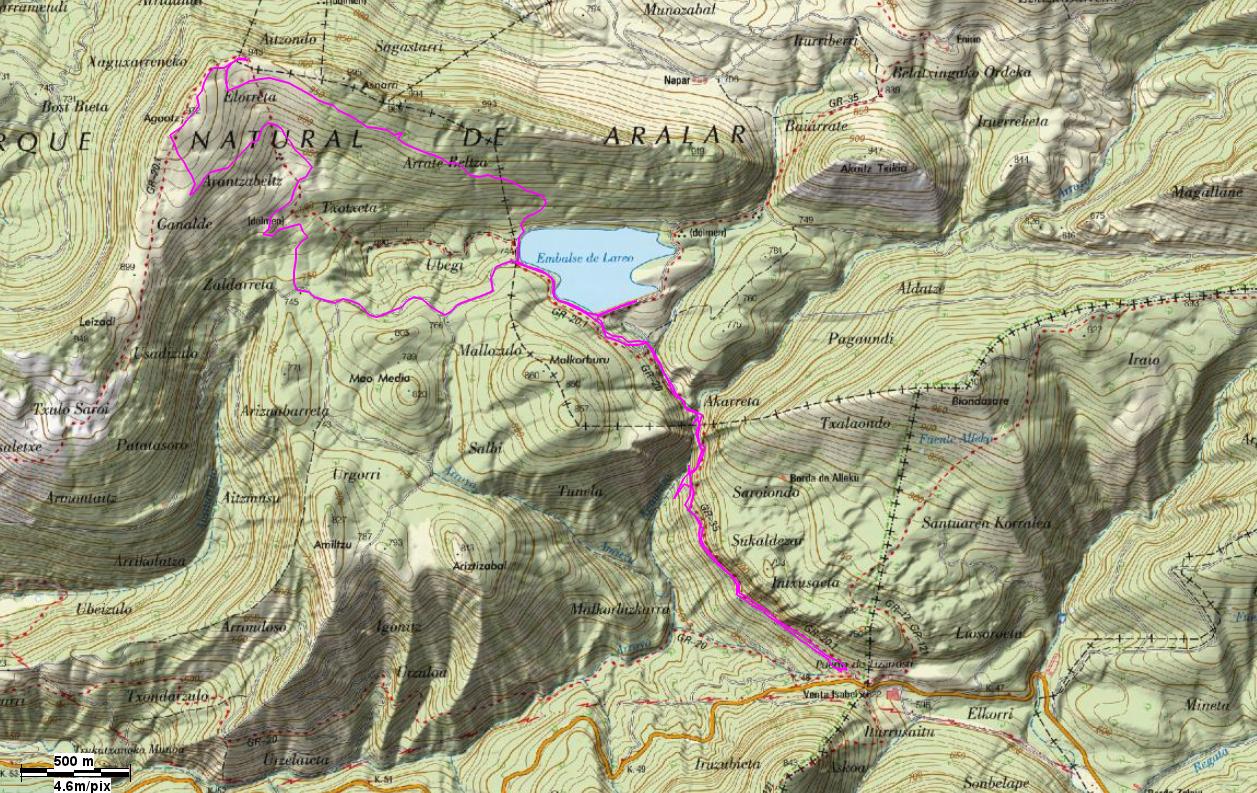 Mapa del recorrido partiendo del Puerto de Lizarrusti por el embalse de Lareo, Aralar, Pais Vasco