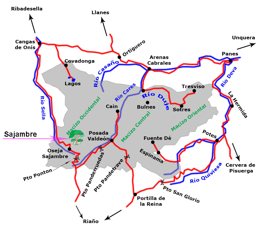 Mapa de la situación de Sajambre dentro de los Picos de Europa