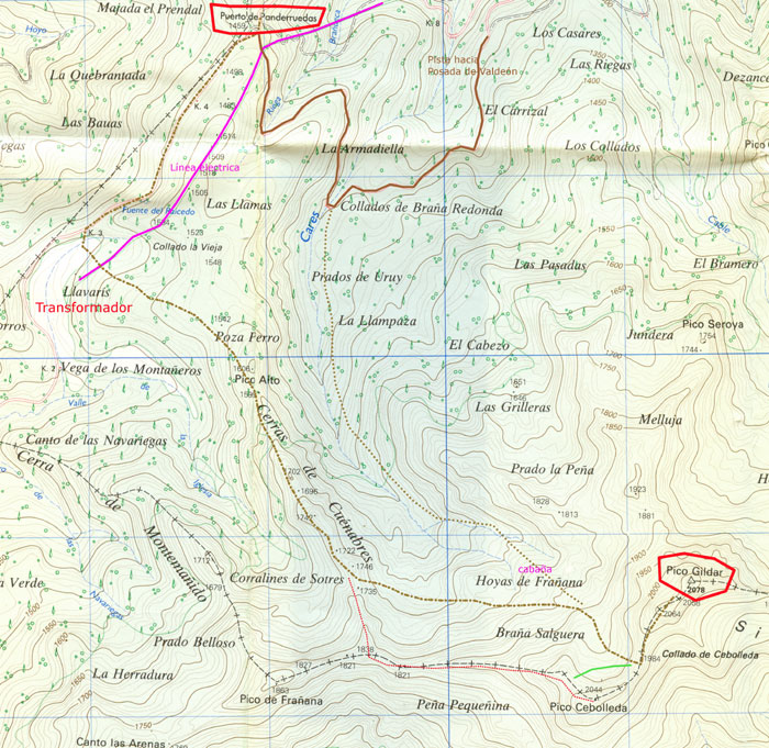 Mapa de la ruta de subida al Pico Cebolleda