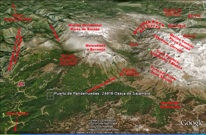Mapa foto panorámica desde Mirador del Puerto de Panderruedas (1.459m), Picos de Europa, León, España