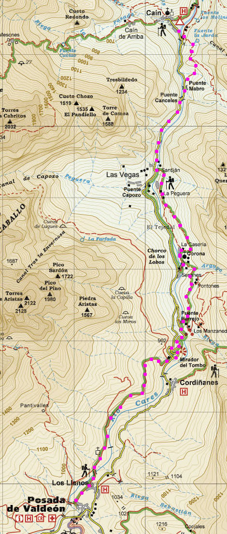 Plano de la ruta Posada de Valdeón a Cain, Picos de Europa, León, España